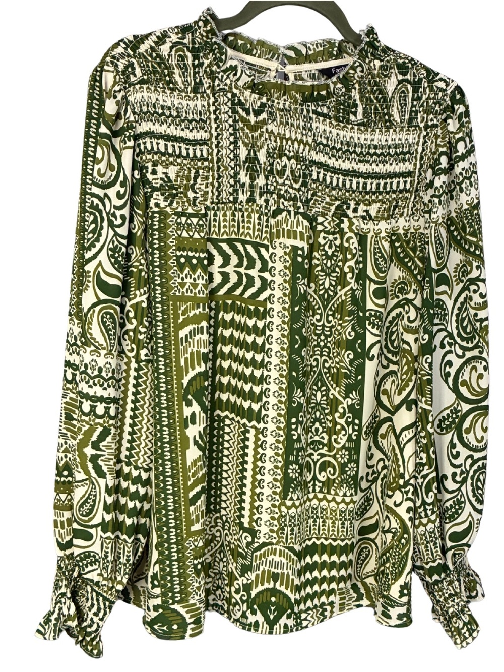 Women’s Green Patterned Smocked-Neck Blouse